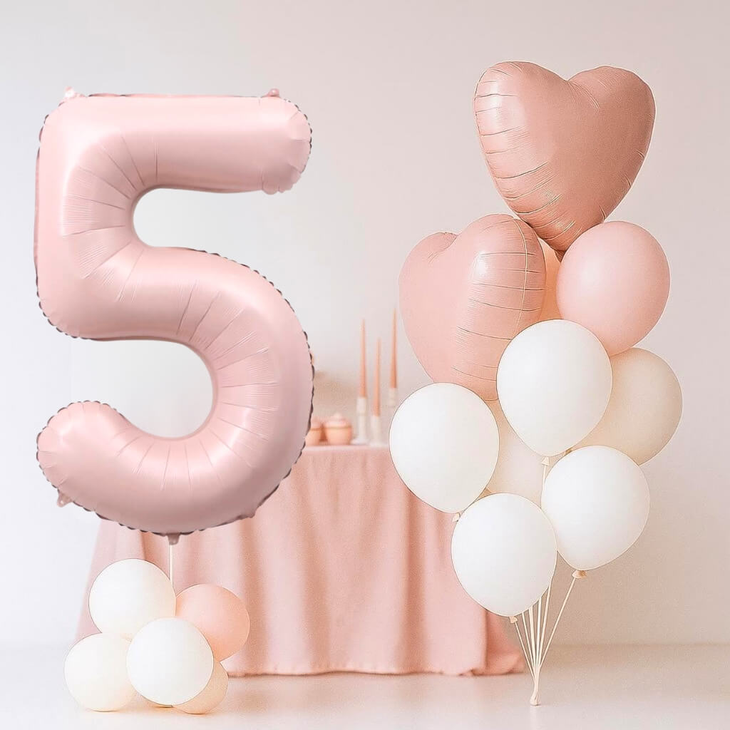 Matte Pink Birthday Balloon Bundle 18pk – Number 5 & Heart Foil Balloons