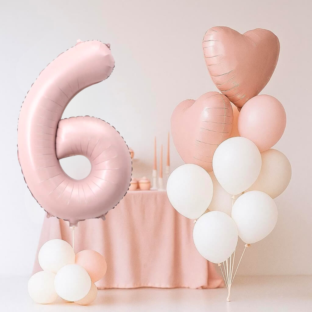 Matte Pink Birthday Balloon Bundle 18pk – Number 6 & Heart Foil Balloons