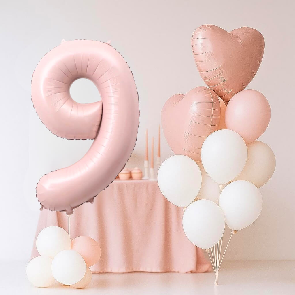 Matte Pink Birthday Balloon Bundle 18pk – Number 9 & Heart Foil Balloons