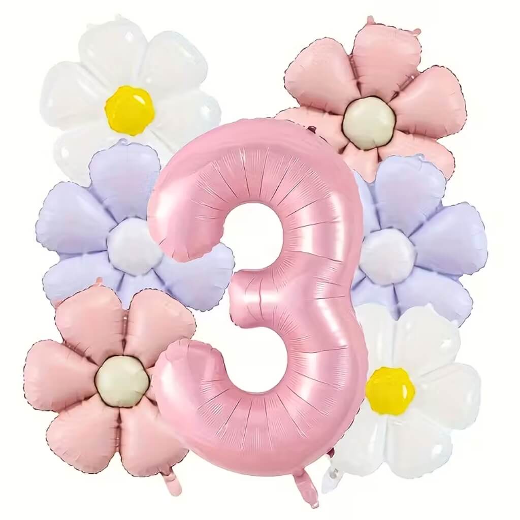 Assorted Daisy and Jumbo Pink Number Foil Balloon Bundle 7pk for Birthday Party