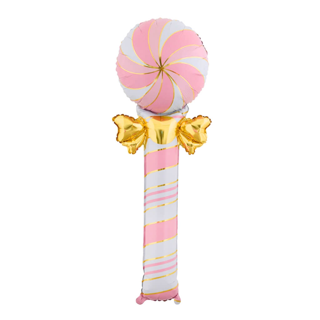 Jumbo Pink &  White Striped Lollipop Candy with Gold Ribbon Foil Balloon.