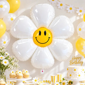 Giant Smiling Face White Daisy Shaped Foil Balloon