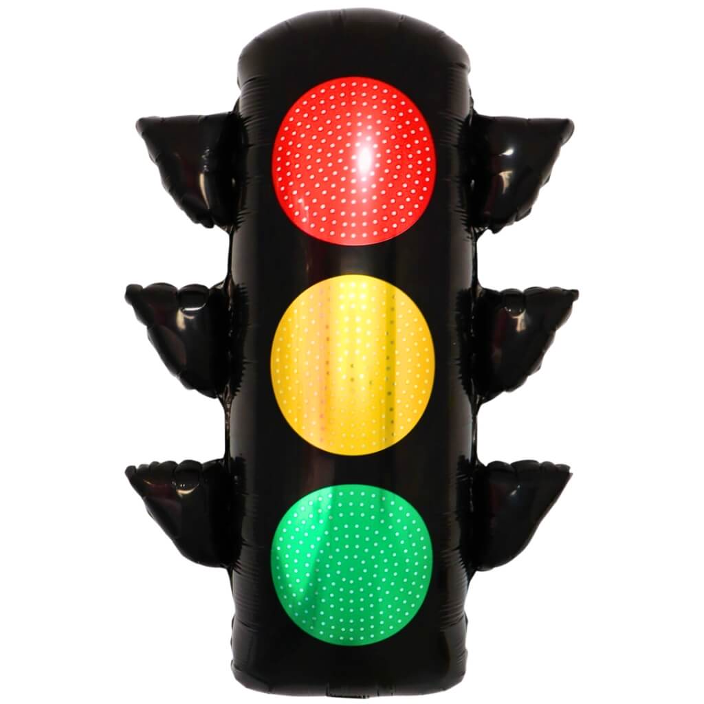 Inflatable traffic light with red, yellow, and green lights on a white background