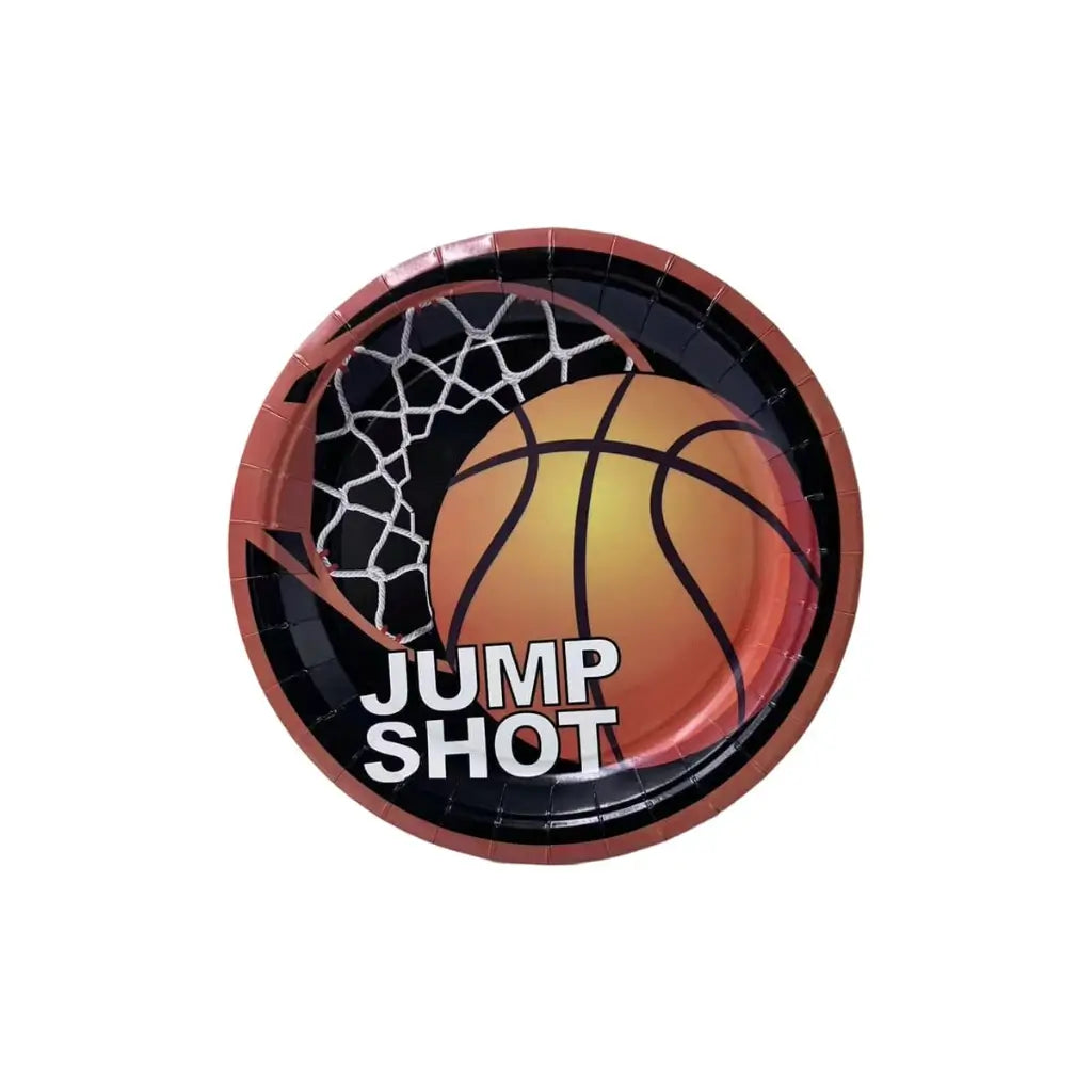 Jump Shot basketball paper party plates with hoop and net artwork