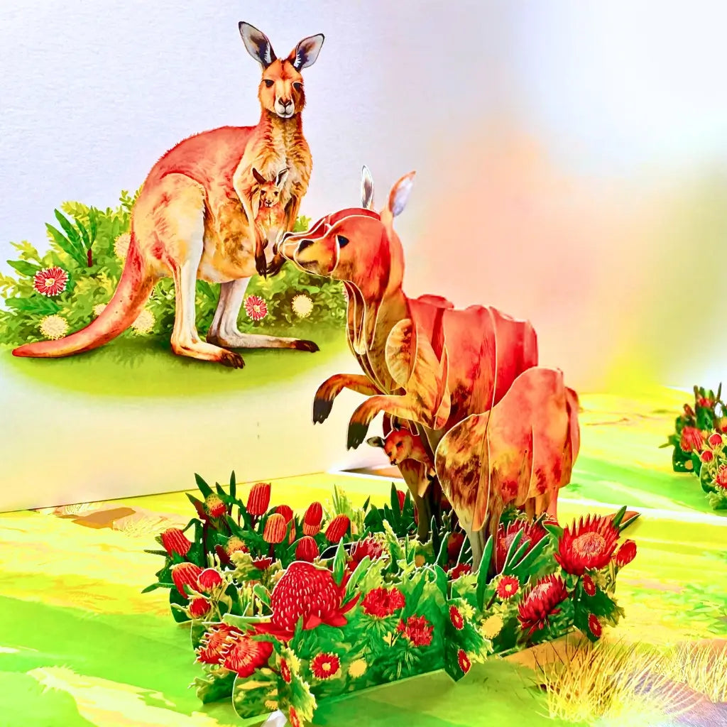 Handmade Aussie greeting card featuring kangaroo with joey in pouch