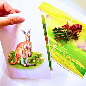 Pop-up card with lifelike kangaroo mother and baby in native greenery