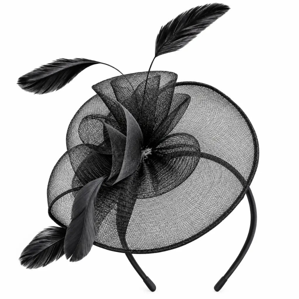 Karen black mesh disc hatinator headband with loops and feathers