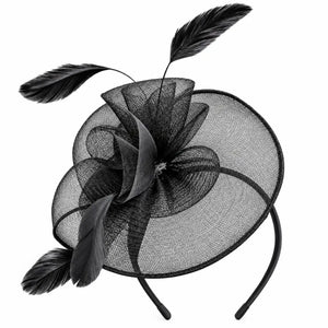 Karen black mesh disc hatinator headband with loops and feathers