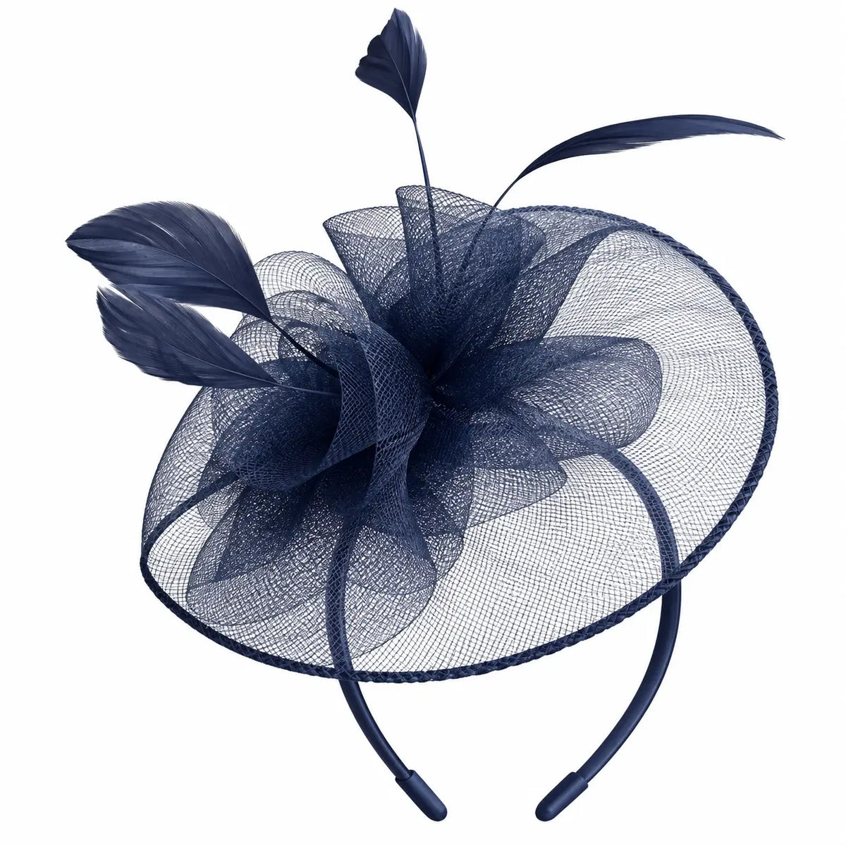 Karen navy blue disc fascinator headband with mesh loops and feathers