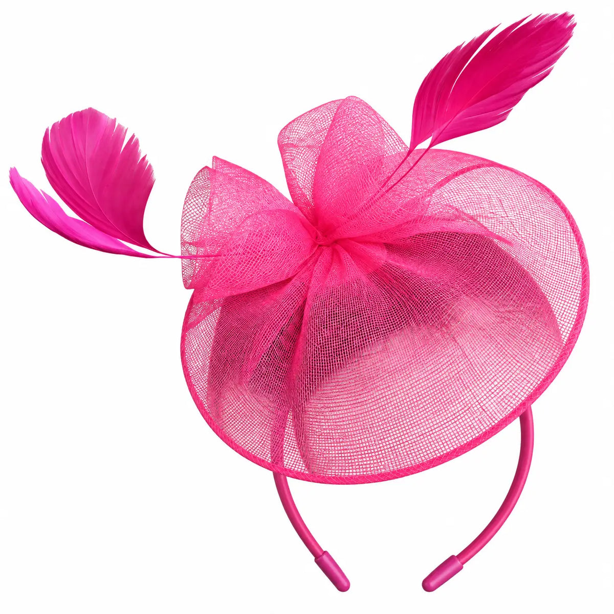 Karen pink disc fascinator headband with mesh bow loops and feathers