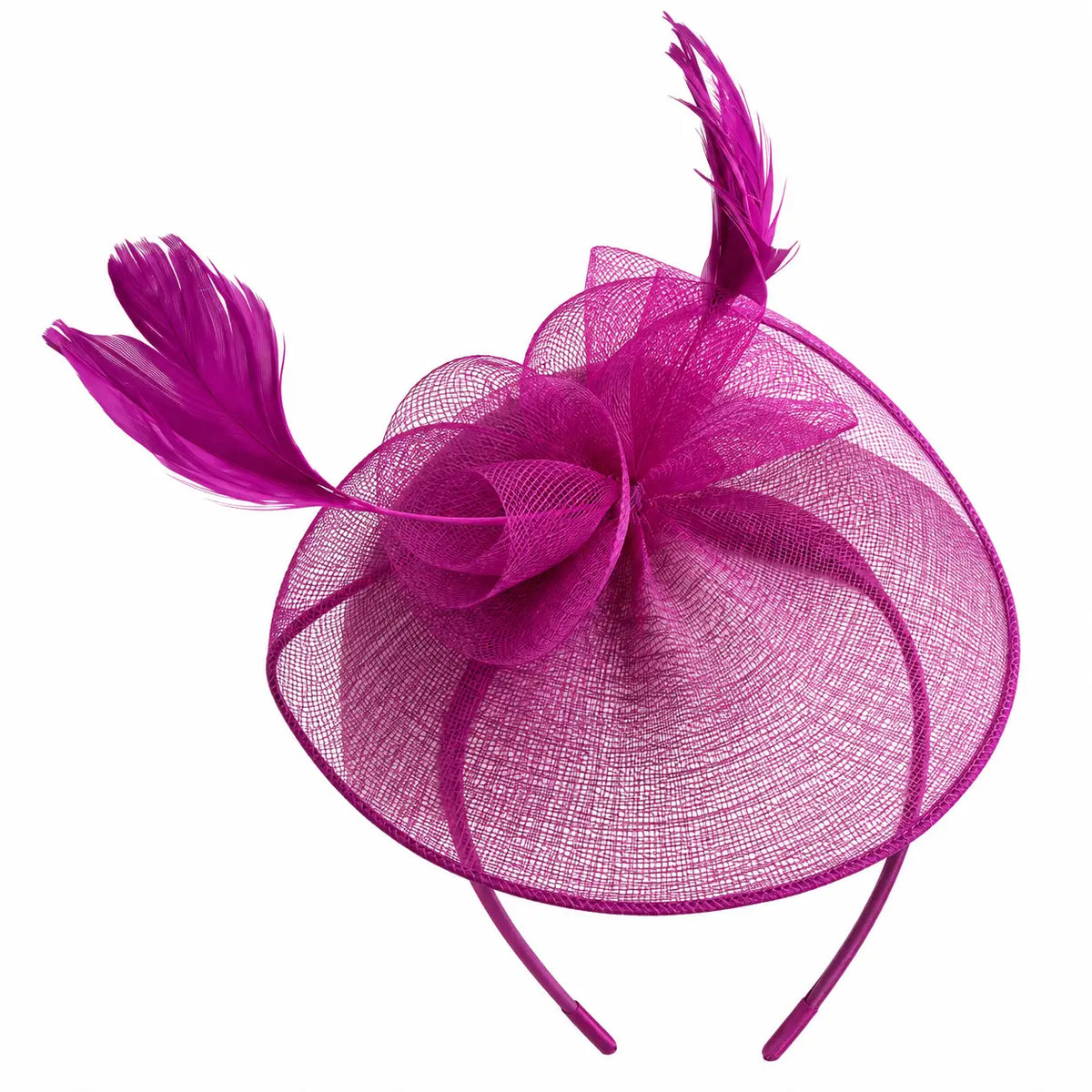 Karen purple disc fascinator headband with mesh loops and feathers