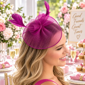 Purple race-day disc fascinator with an angled miniature-hat silhouette