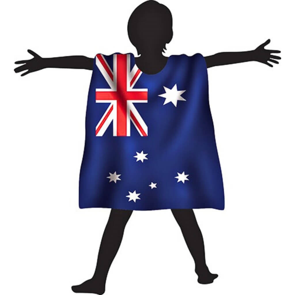Kid wearing Australian flag cape with Velcro neck tie