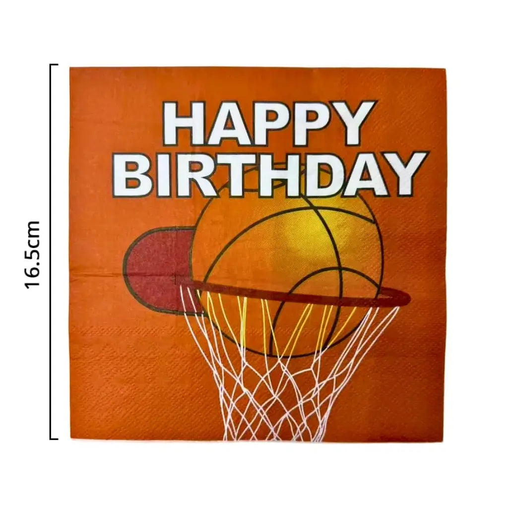 Sports-themed Happy Birthday paper napkins measuring approximately 16.5cm