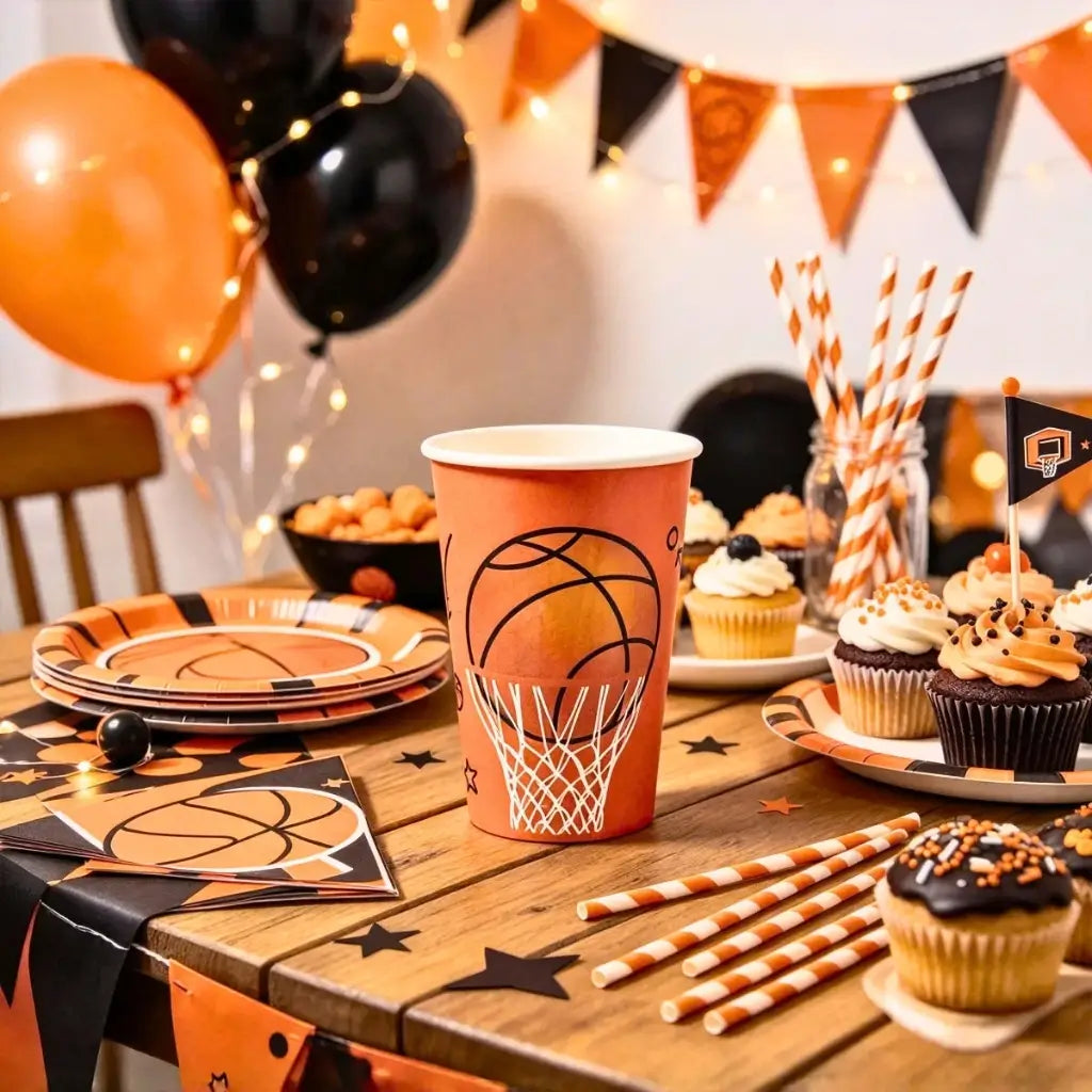 Disposable paper drink cups for a basketball birthday party