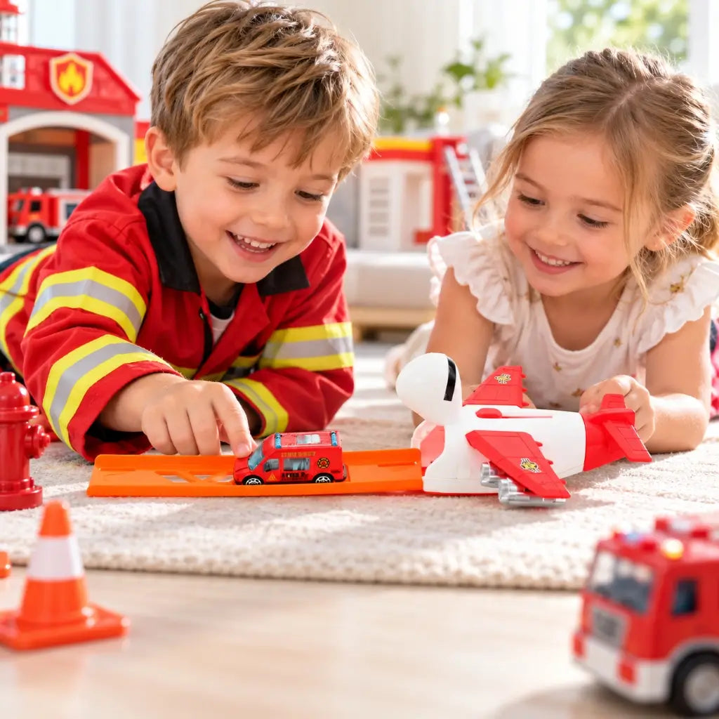 Fire Truck Cargo Airplane Launcher Toy – Kids Fire Rescue Transport Playset