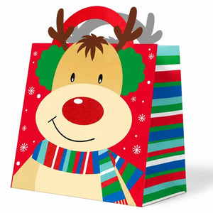 Kids’ Christmas present bag featuring a smiling red-nosed reindeer
