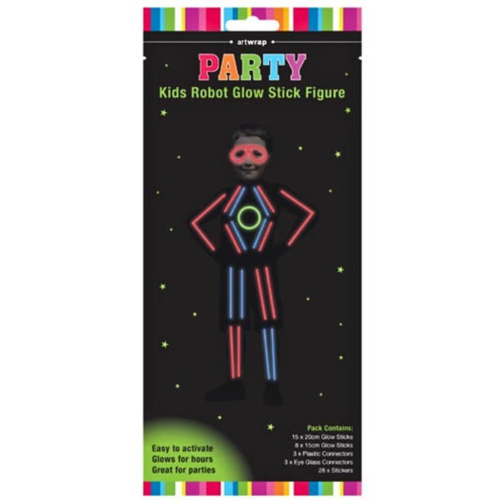 Kids Robot Glow Stick Costume Kit 54 Piece with glowing robot glasses.