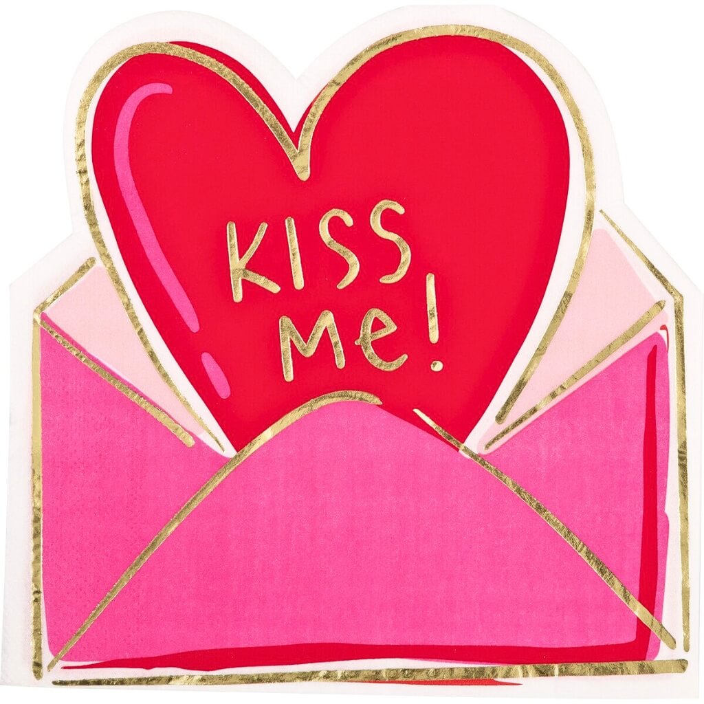 Heart-shaped envevlop napkin with 'KISS ME!' red heart and gold foil