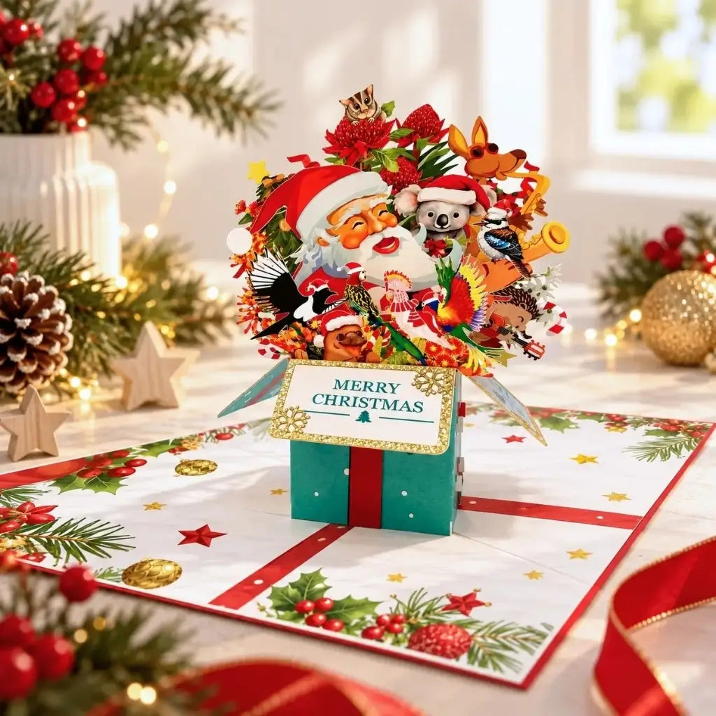 Australian Christmas present box card with Santa and native animals