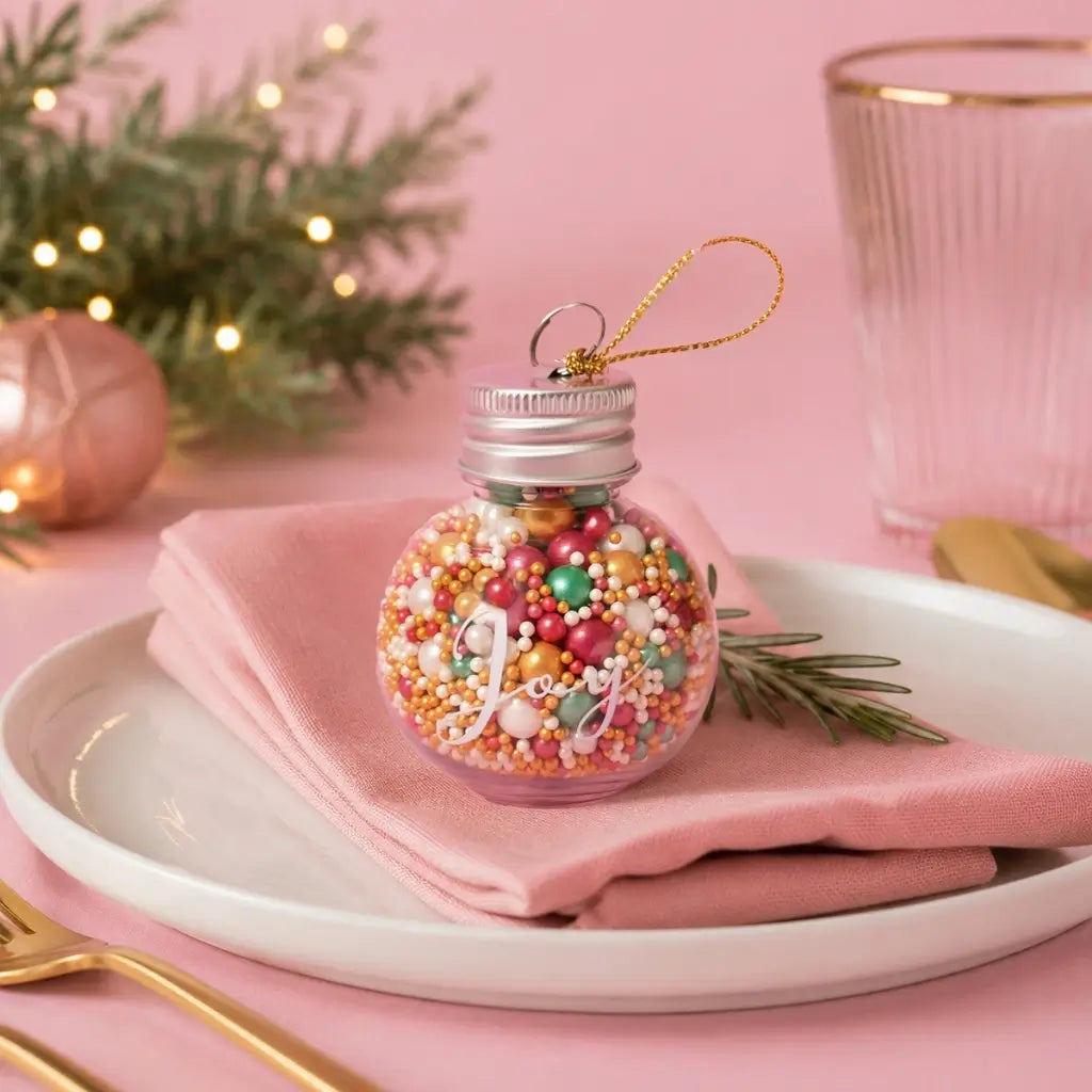 Sprinks Merry and Bright Christmas sprinkles inside a glass JOY bauble
