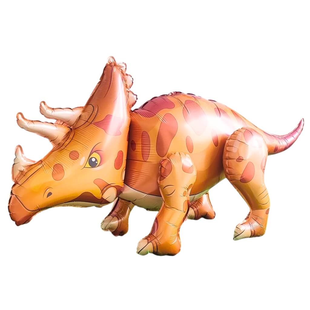 Inflatable orange triceratops balloon on a white background