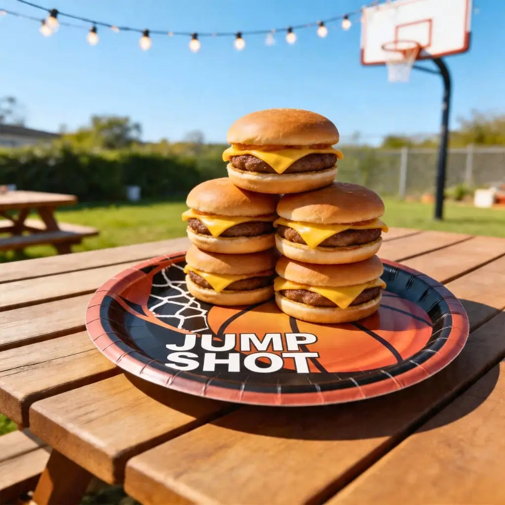 Orange and black basketball party plates featuring a hoop and white net