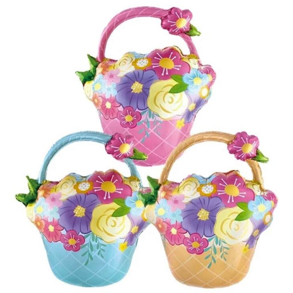 Large Flower Basket Foil Balloon – 69x53cm | Pink, Yellow & Blue