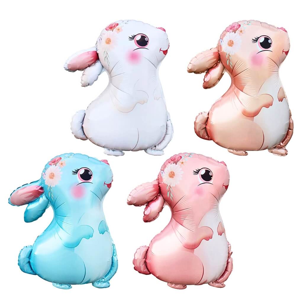 Cute large bunny foil balloon sitting upright with floral crown