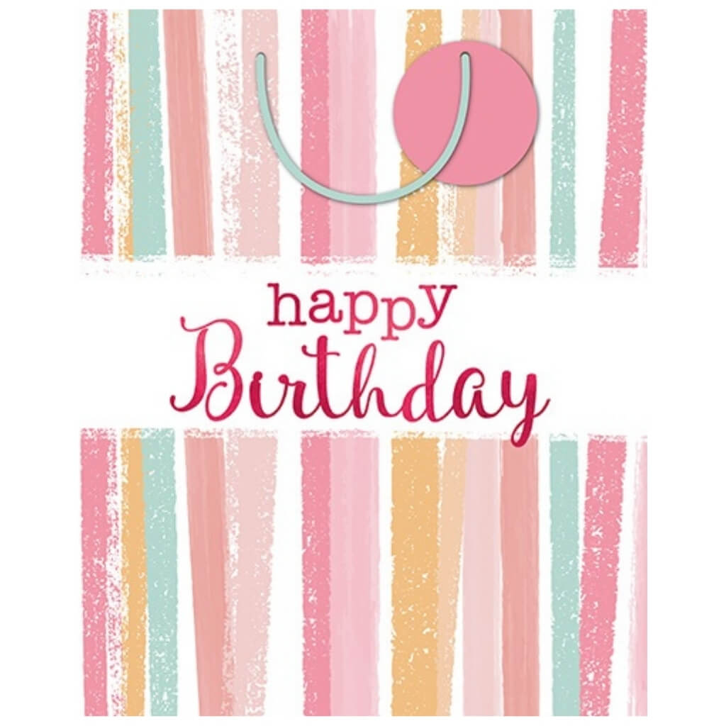 Large happy birthday gift bag with pastel stripe design