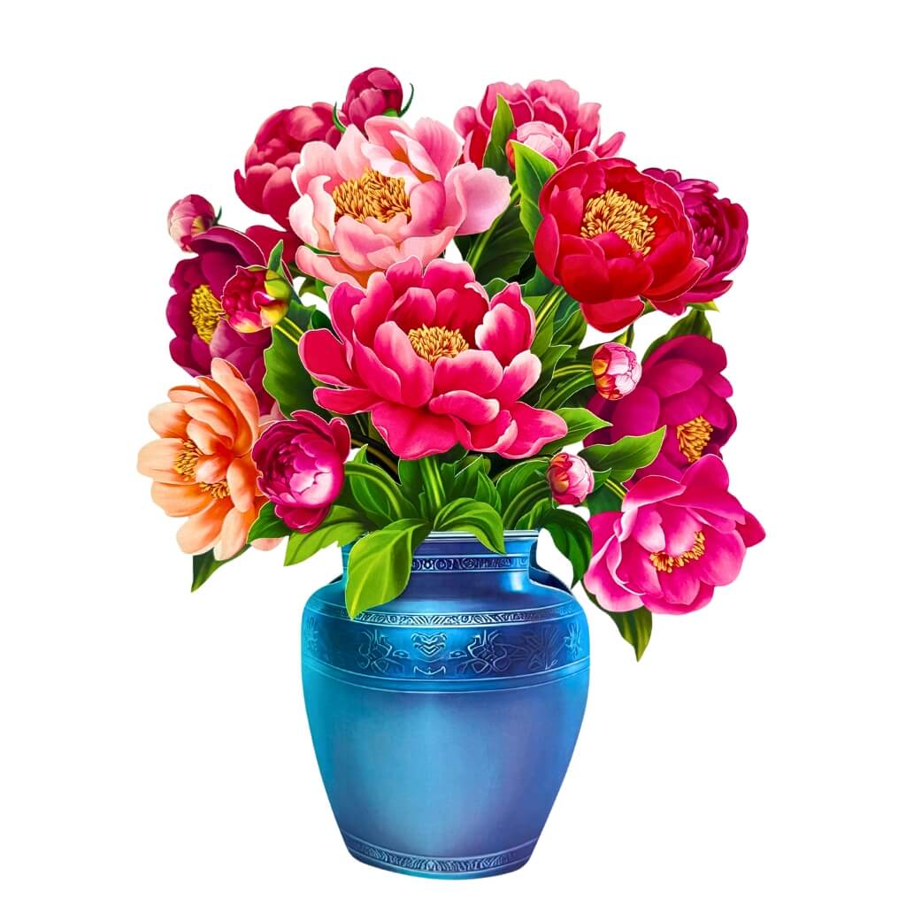 Peonies Pink Rose 3D Pop-Up Flower Bouquet in Dark Blue Ceramic Vase