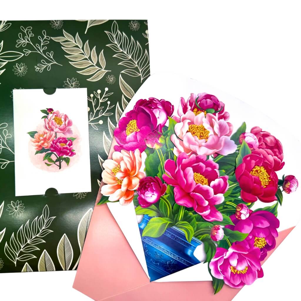 Peonies Pink Rose 3D Pop-Up Flower Bouquet in Dark Blue Ceramic Vase