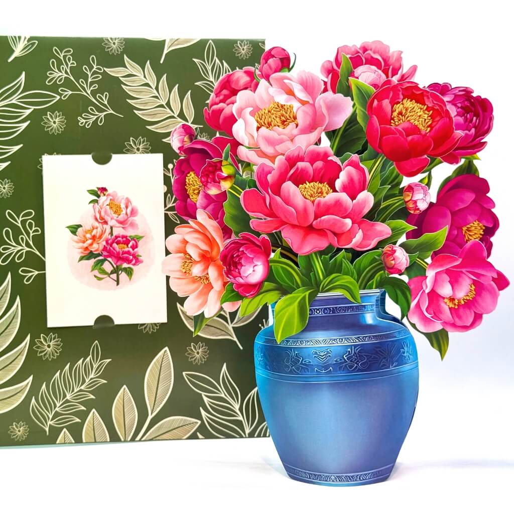 Peonies Pink Rose 3D Pop-Up Flower Bouquet in Dark Blue Ceramic Vase