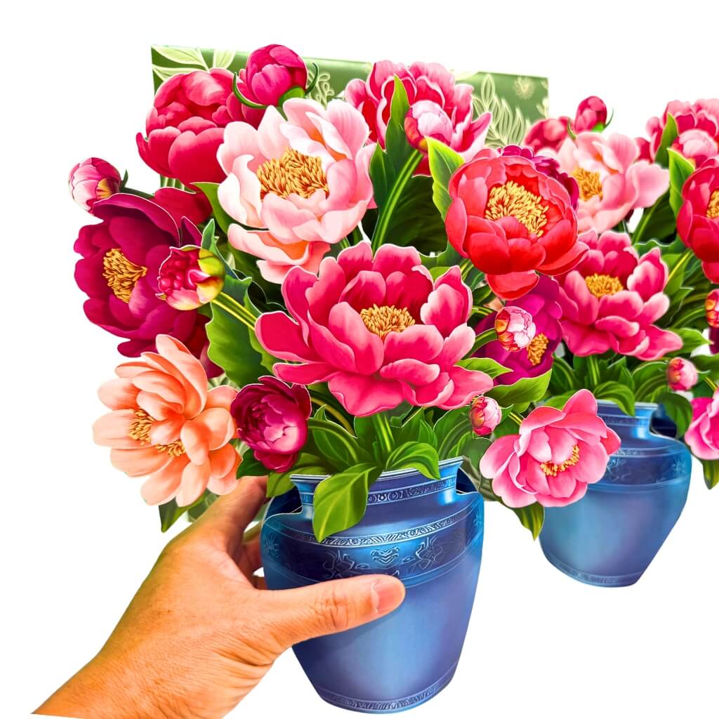 Peonies Pink Rose 3D Pop-Up Flower Bouquet in Dark Blue Ceramic Vase