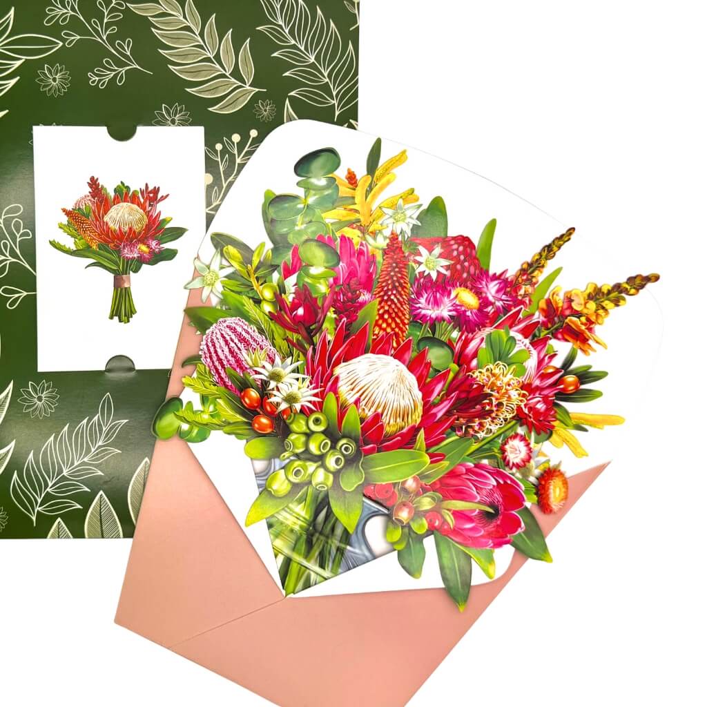 Blooming 3D Pop-Up Australian Native Flower Bouquet in Glass Vase