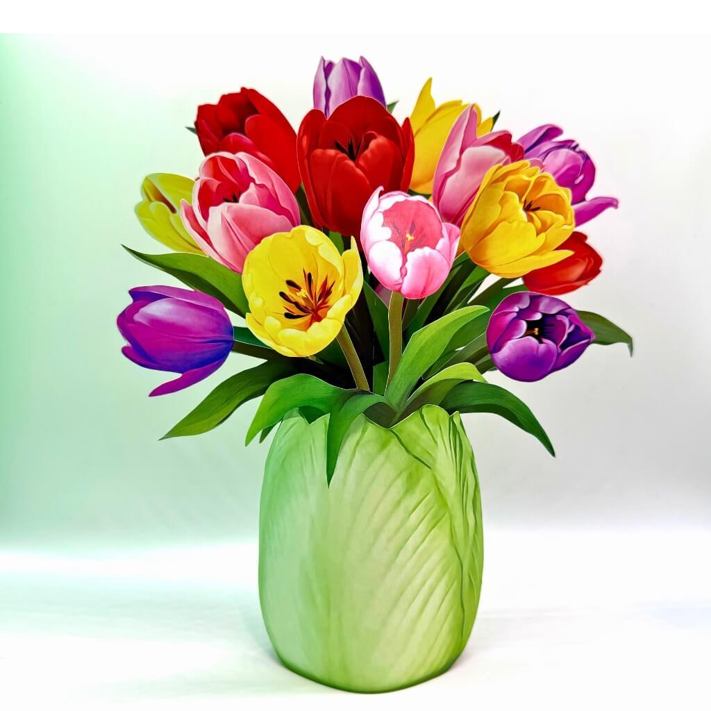 Colourful 3D Pop-Up Tulip Flower Bouquet in Leafy Green Ceramic Vase