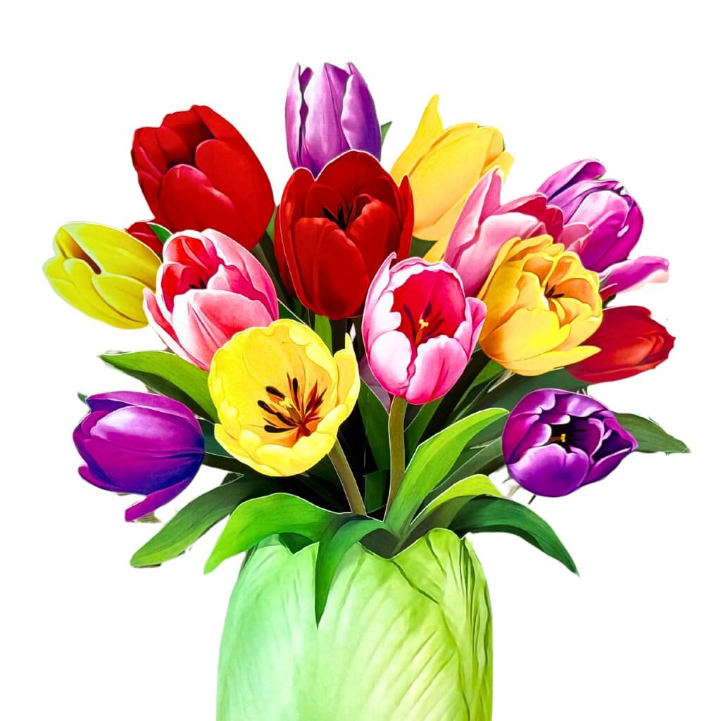 Colourful 3D Pop-Up Tulip Flower Bouquet in Leafy Green Ceramic Vase
