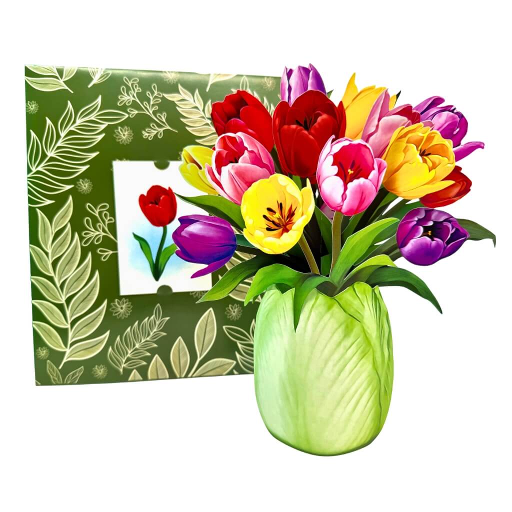 Colourful 3D Pop-Up Tulip Flower Bouquet in Leafy Green Ceramic Vase