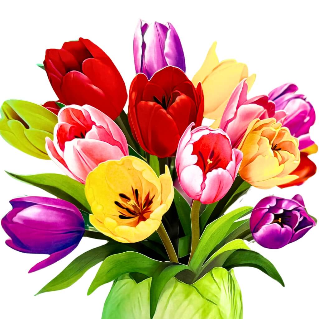 Colourful 3D Pop-Up Tulip Flower Bouquet in Leafy Green Ceramic Vase