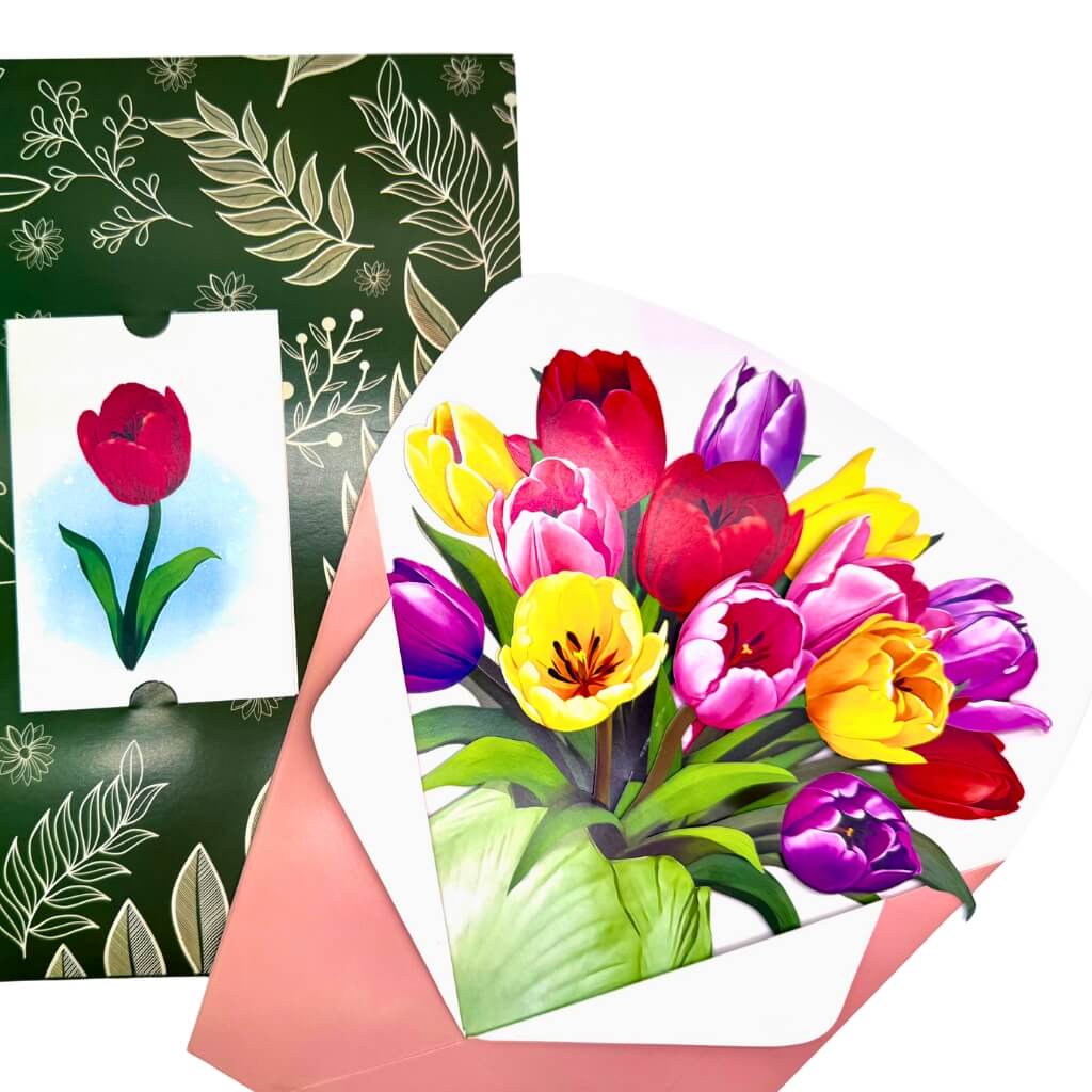 Colourful 3D Pop-Up Tulip Flower Bouquet in Leafy Green Ceramic Vase