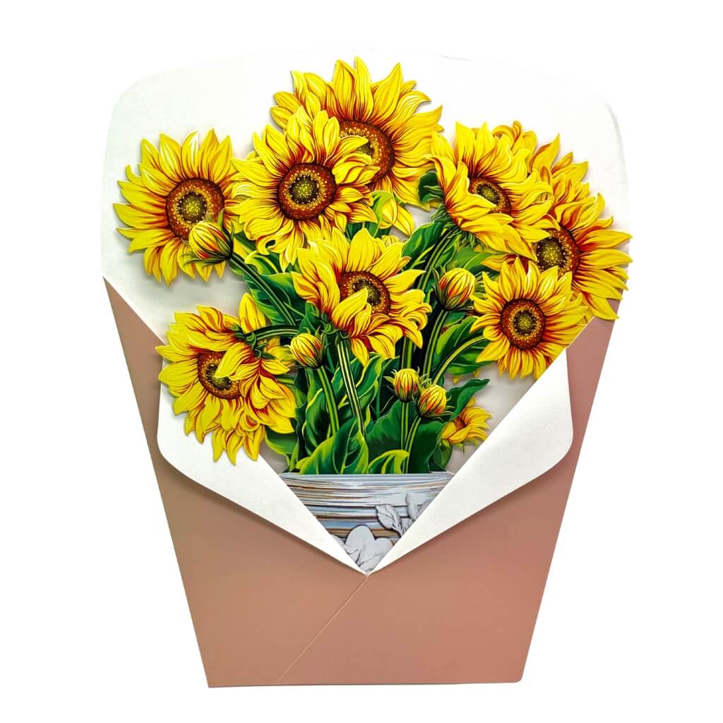 Golden Sunflower 3D Pop-Up Flower Bouquet in Ceramic Vase origami gift card