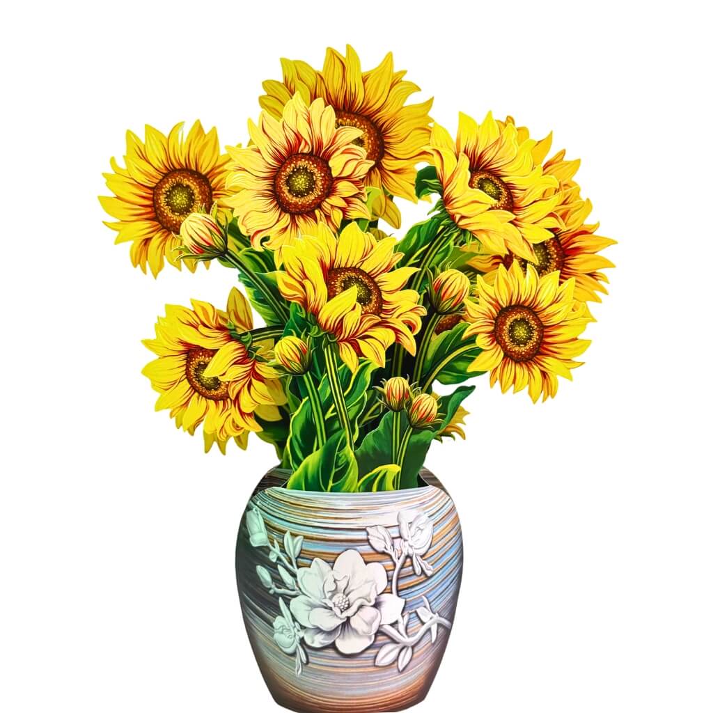 Golden Sunflower 3D Pop-Up Flower Bouquet in Ceramic Vase origami gift card