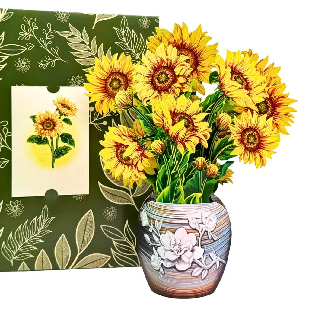 Golden Sunflower 3D Pop-Up Flower Bouquet in Ceramic Vase origami gift card