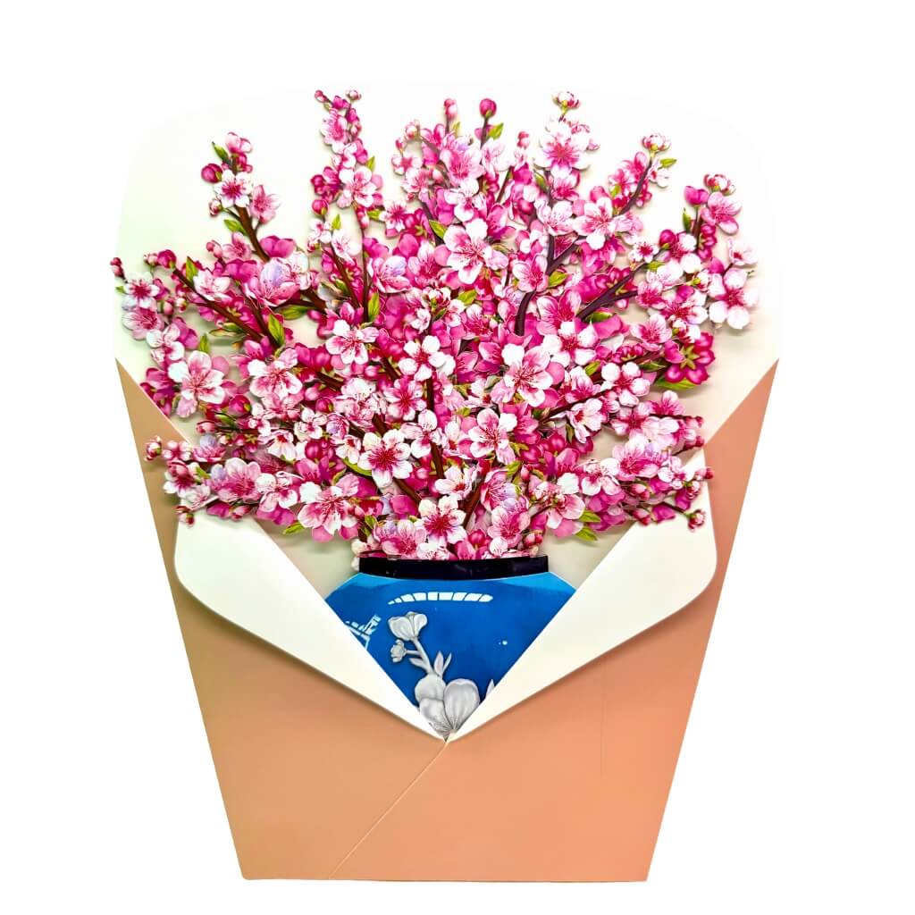 Sakura Pink Cherry Blossom 3D Pop-Up Flower Bouquet in Blue Vase Greeting Card
