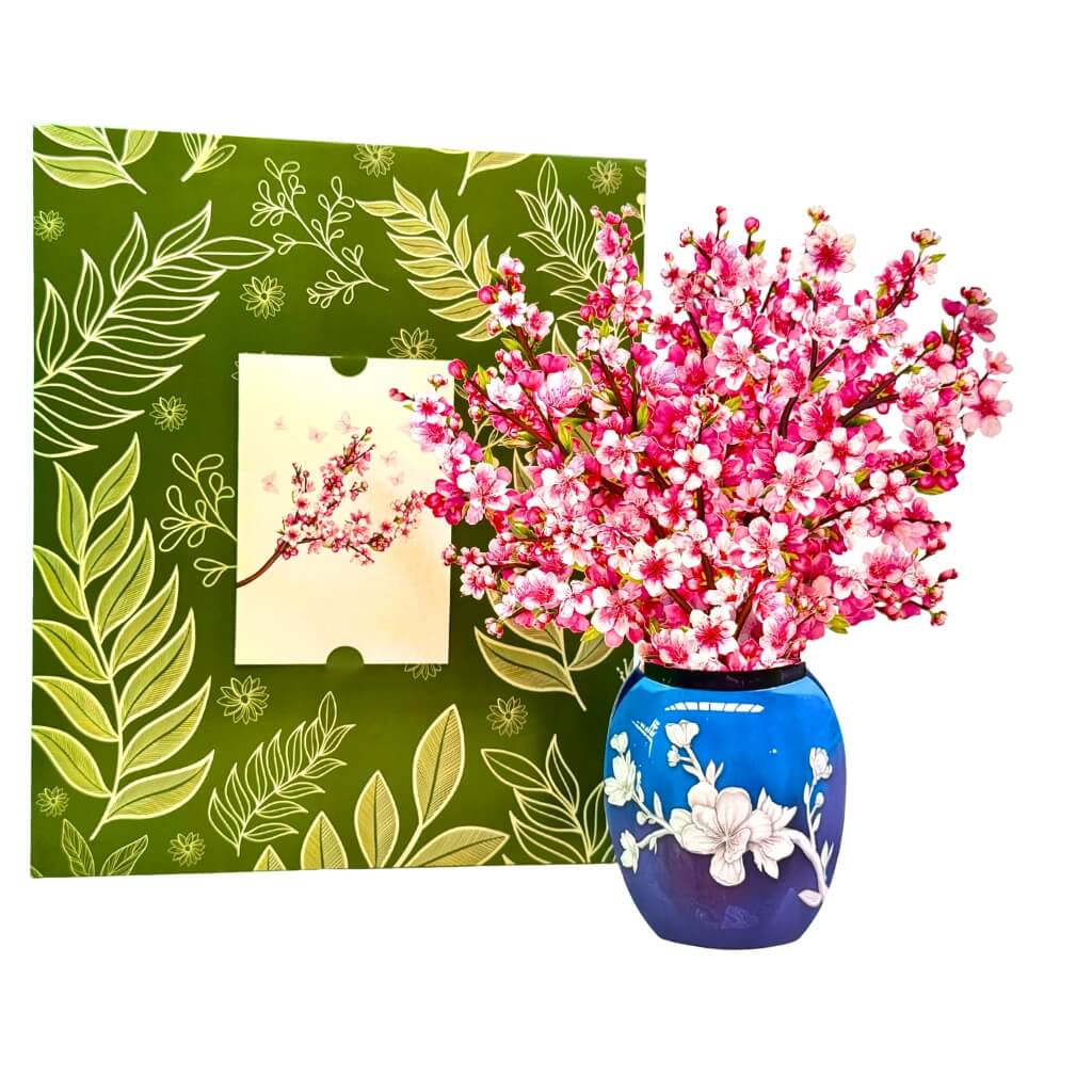 Sakura Pink Cherry Blossom 3D Pop-Up Flower Bouquet in Blue Vase Greeting Card