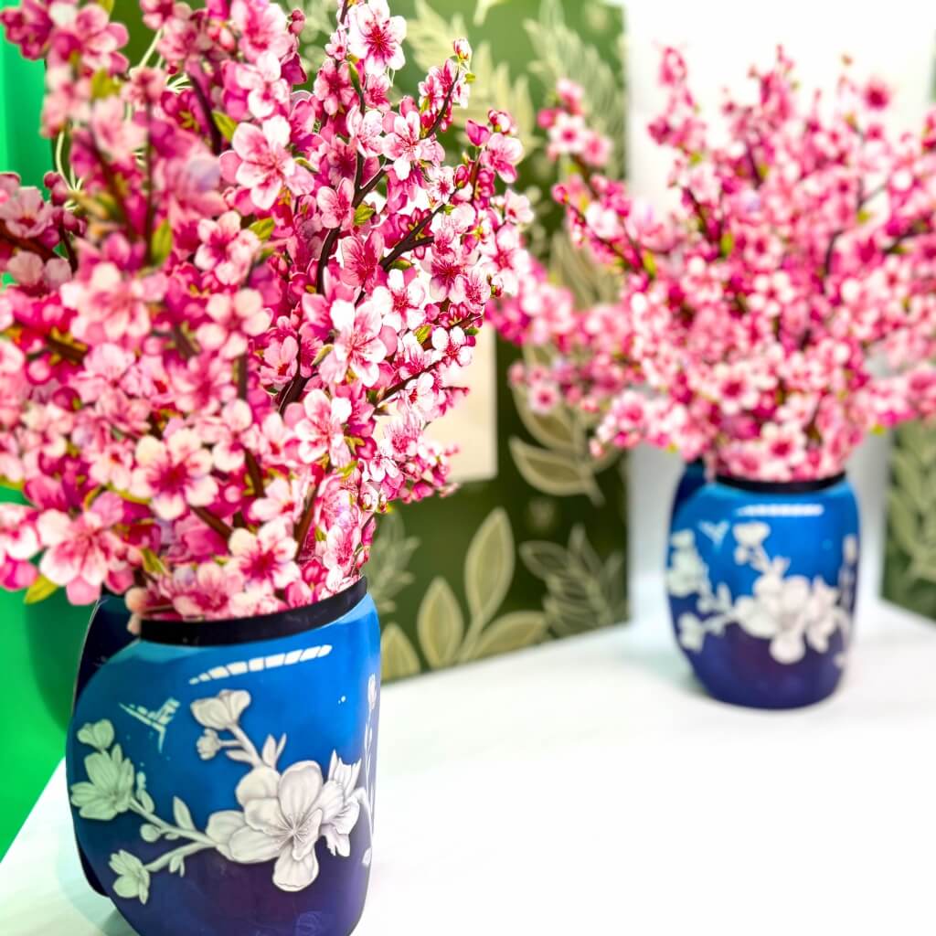 Sakura Pink Cherry Blossom 3D Pop-Up Flower Bouquet in Blue Vase Greeting Card