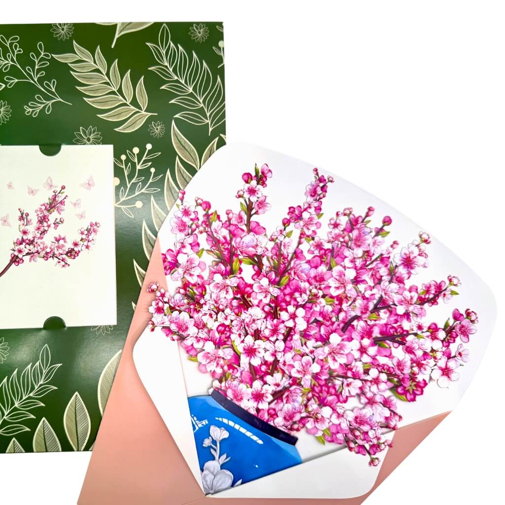 Sakura Pink Cherry Blossom 3D Pop-Up Flower Bouquet in Blue Vase Greeting Card