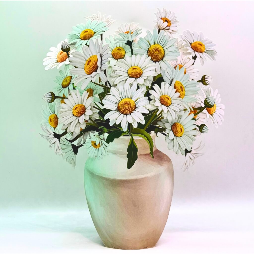 Large White Darling Daisy 3D Pop-Up Bouquet in Ceramic Vase – White Daisy Paper Flowers in Illustrated Envelope