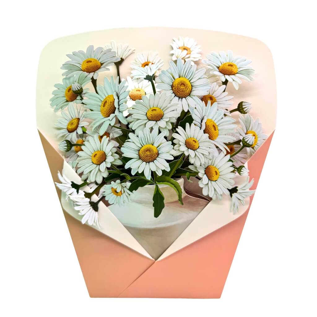 Large White Darling Daisy 3D Pop-Up Bouquet in Ceramic Vase – White Daisy Paper Flowers in Illustrated Envelope