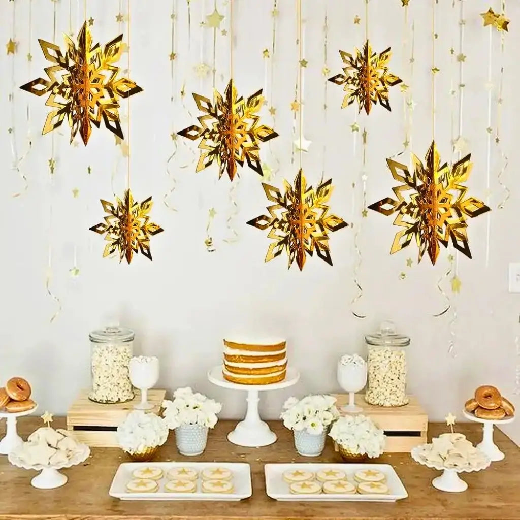 3D Gold Snowflake Paper Hanging Ornaments 6pk